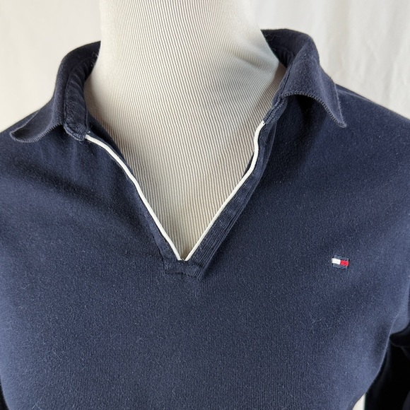 Tommy Hilfiger Women’s Navy V-Neck Cotton Long Sleeved Polo Top - Picture 3 of 8